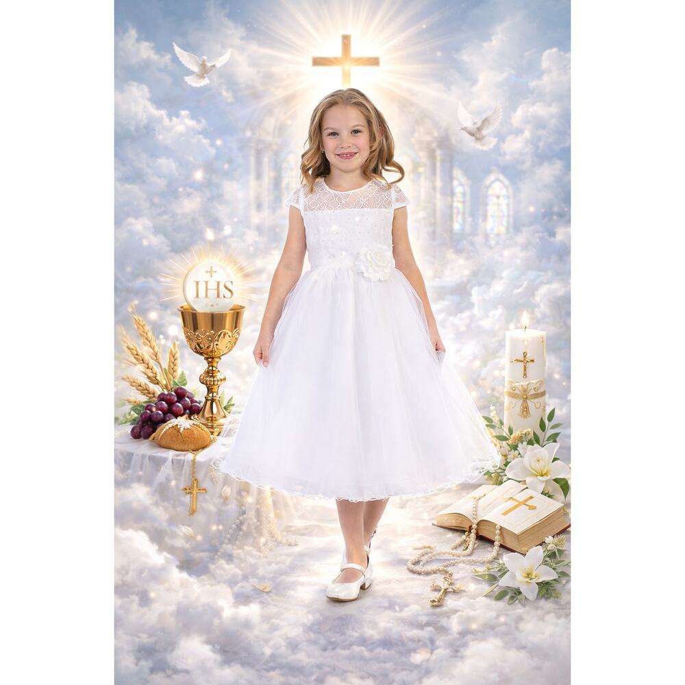 NEW Girls First Holy Communion Dress Size 6 - Lace & Tulle Tea-Length Dress